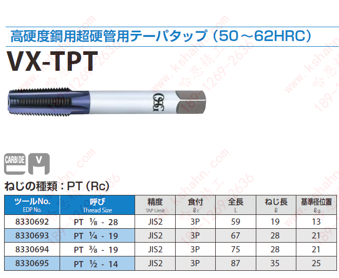 OSG超高硬度管螺纹丝锥VX-TPT：PT(Rc)
